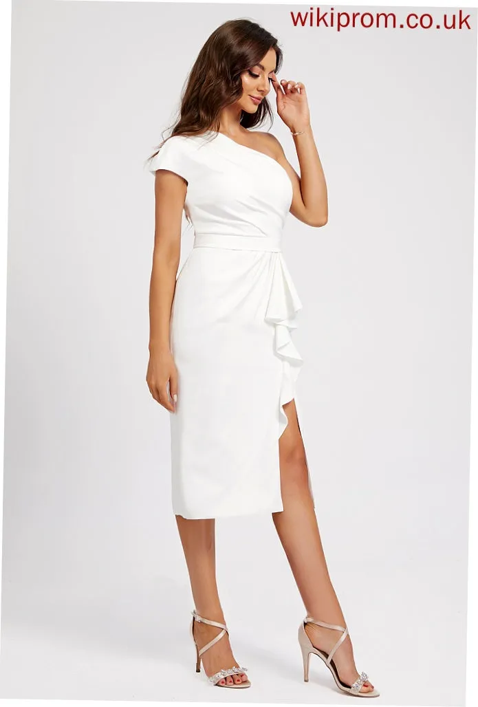 Split Front Ruffle Cocktail Sheath/Column Dress Knee-Length Crepe One-Shoulder With Rachael Stretch Cocktail Dresses