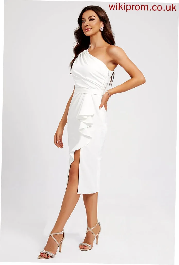 Split Front Ruffle Cocktail Sheath/Column Dress Knee-Length Crepe One-Shoulder With Rachael Stretch Cocktail Dresses