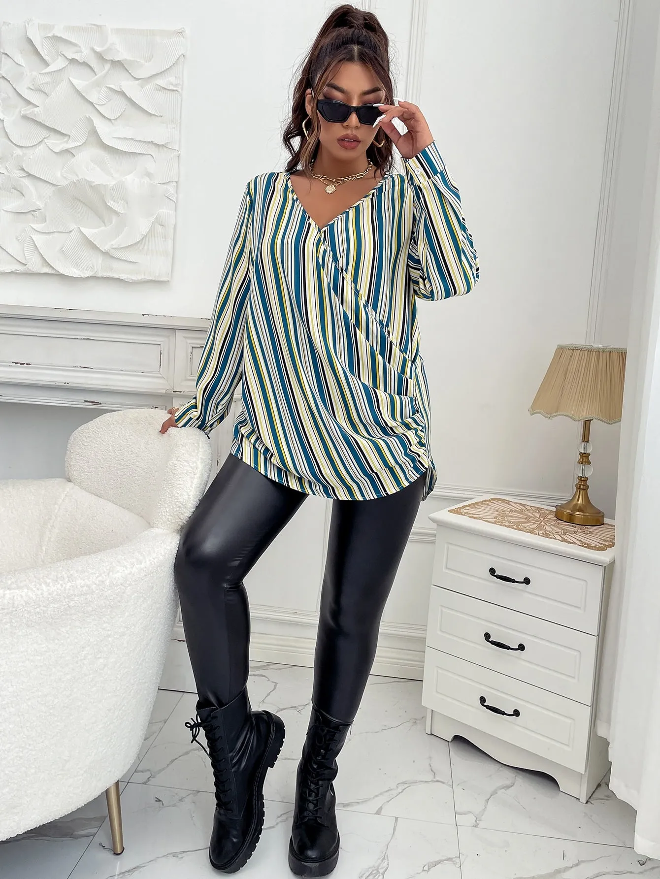 Striped Wrap Long Sleeve V Neck Long Plus Size Blouse
