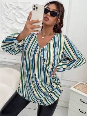 Striped Wrap Long Sleeve V Neck Long Plus Size Blouse