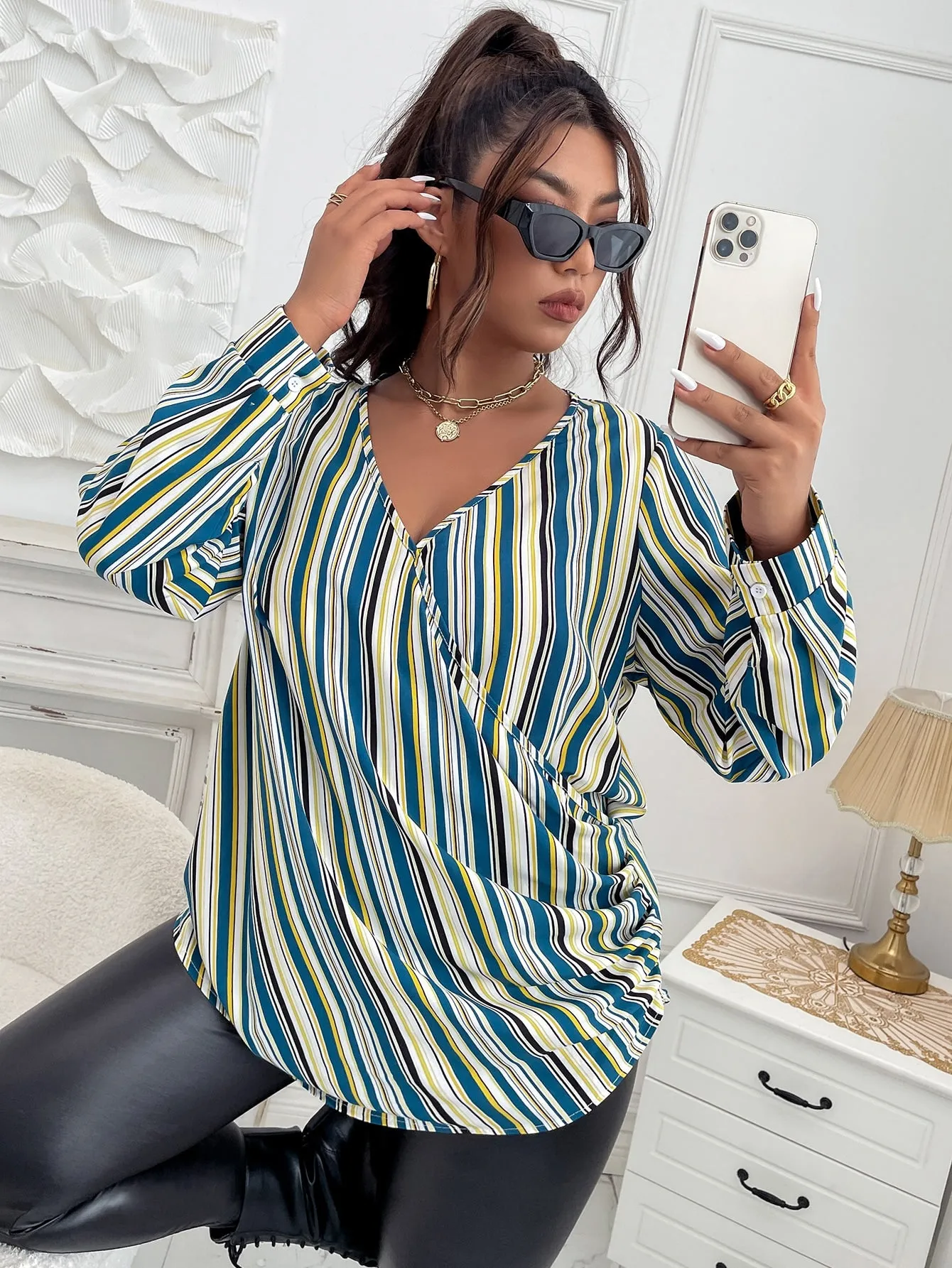 Striped Wrap Long Sleeve V Neck Long Plus Size Blouse
