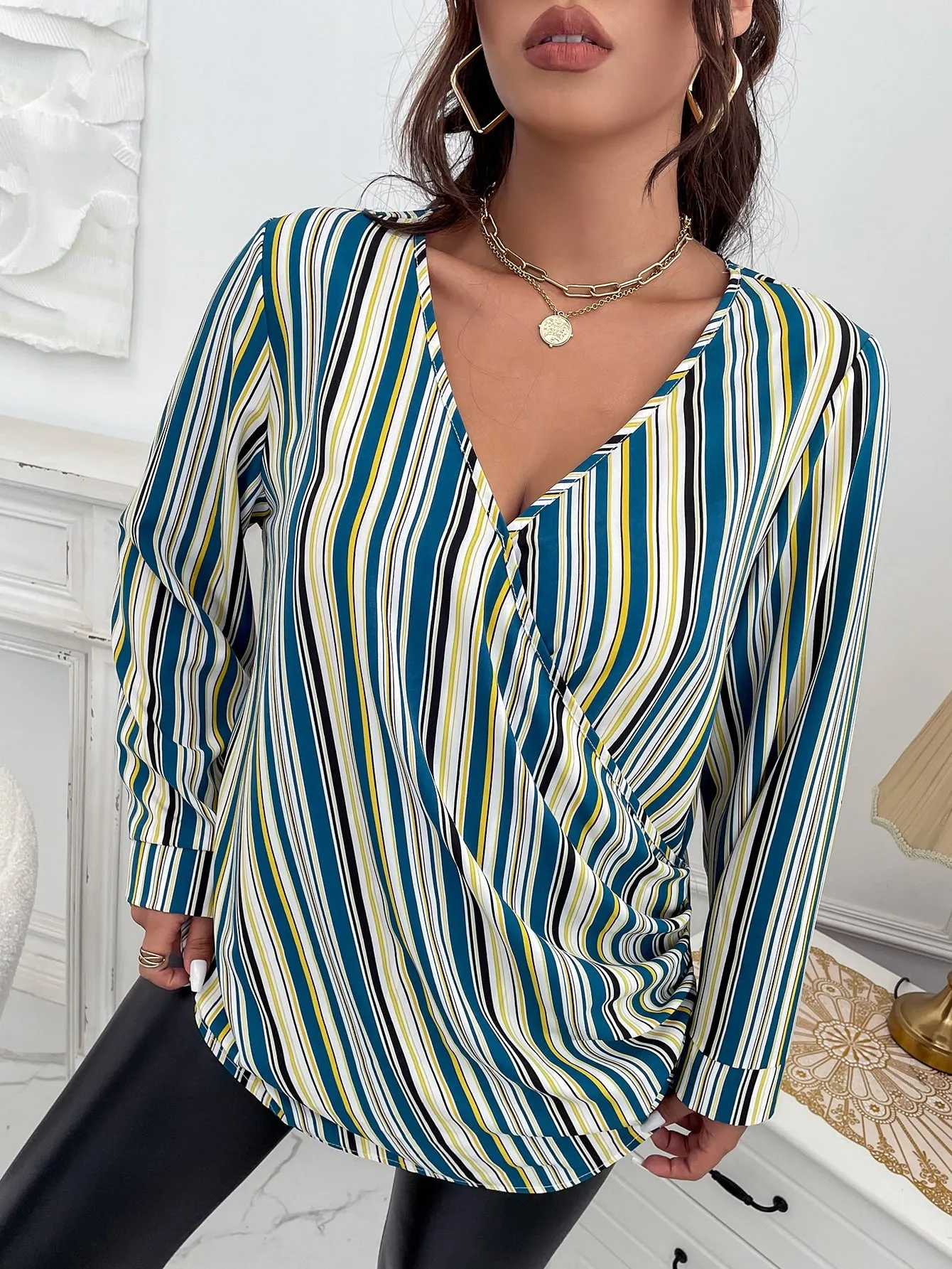 Striped Wrap Long Sleeve V Neck Long Plus Size Blouse