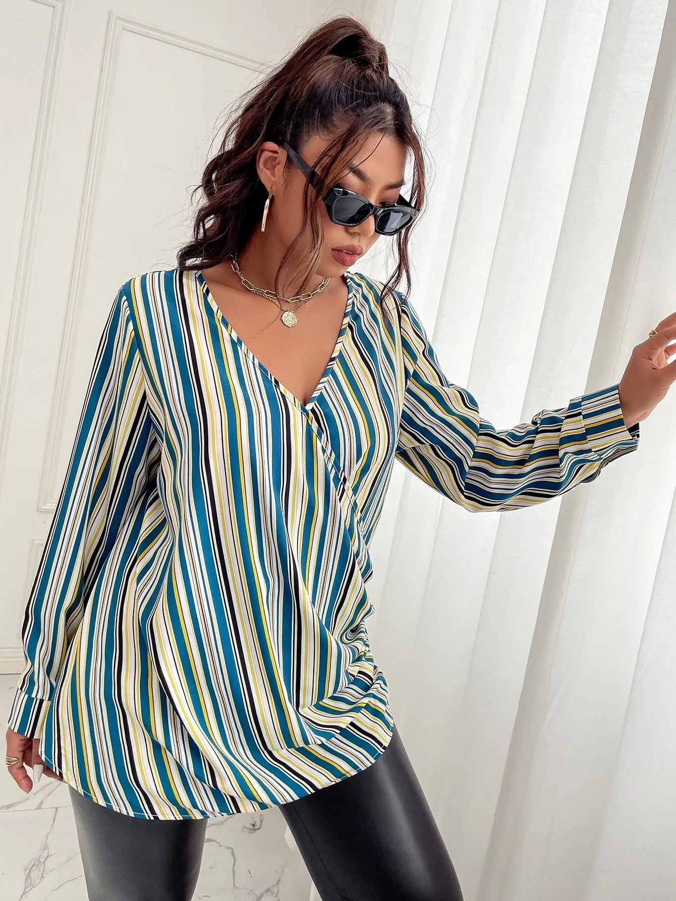 Striped Wrap Long Sleeve V Neck Long Plus Size Blouse