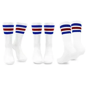 TeeHee Socks Men's Sports Cotton Crew White, Blue, Red Stripes 3-Pack (50257)