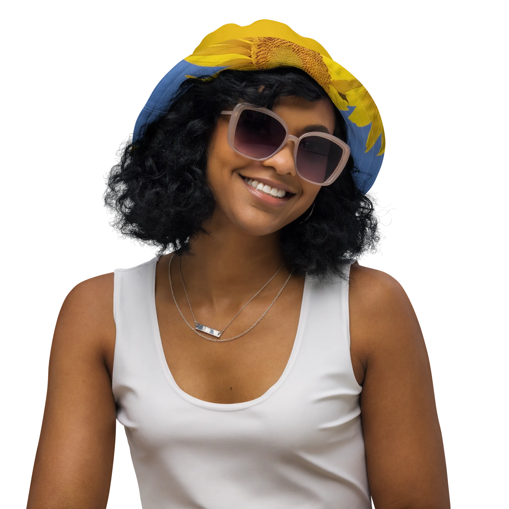 The FLOWER LOVE Collection - "Sunflower Sisters" Design Premium Reversible Bucket Hat - Yellow Inside - Sunflower Hat, Gifts for Her