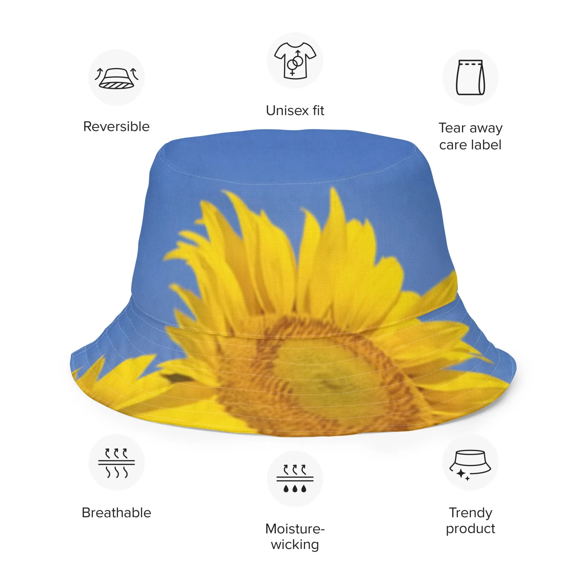 The FLOWER LOVE Collection - "Sunflower Sisters" Design Premium Reversible Bucket Hat - Yellow Inside - Sunflower Hat, Gifts for Her