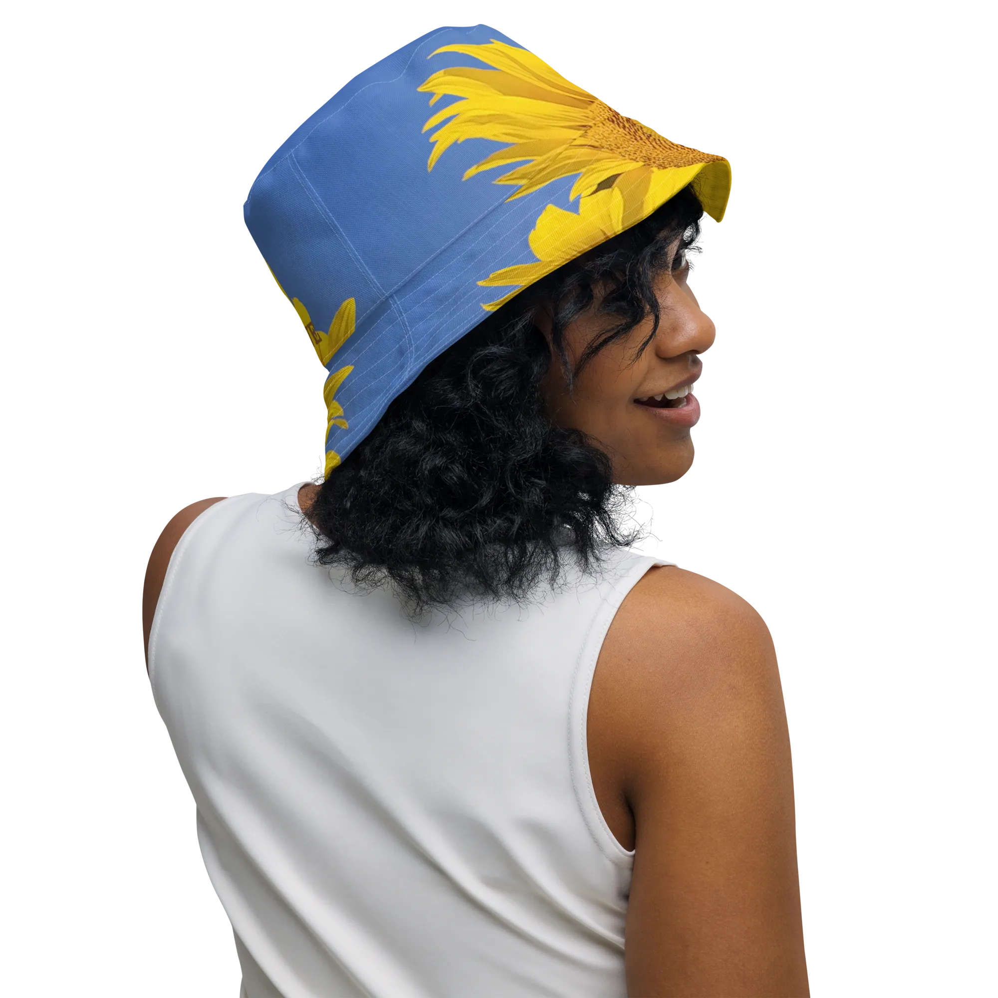 The FLOWER LOVE Collection - "Sunflower Sisters" Design Premium Reversible Bucket Hat - Yellow Inside - Sunflower Hat, Gifts for Her