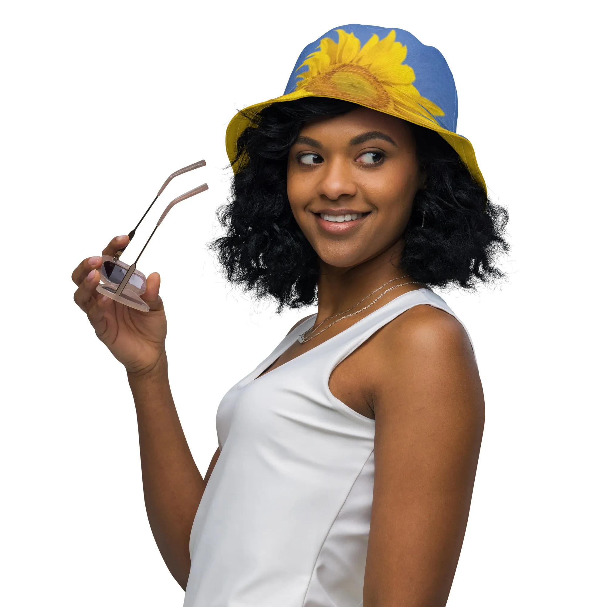 The FLOWER LOVE Collection - "Sunflower Sisters" Design Premium Reversible Bucket Hat - Yellow Inside - Sunflower Hat, Gifts for Her