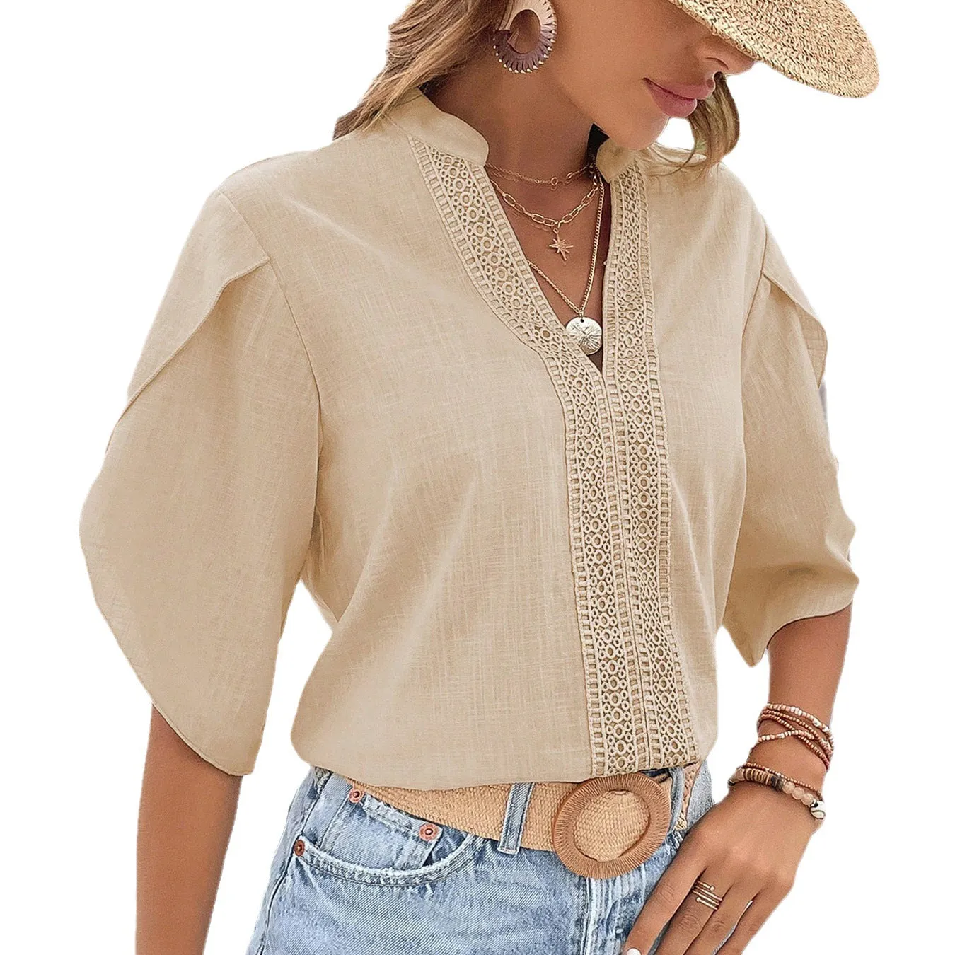 V-Neck Half-Sleeve Simple Casual Loose Top Wholesale Women'S Top