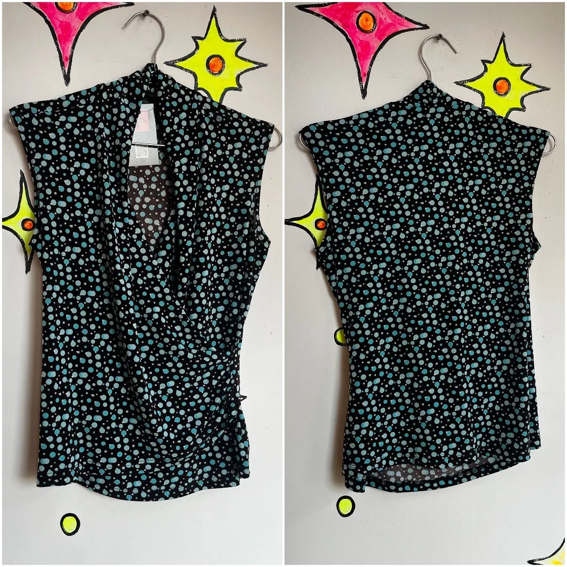 Vintage Y2K 2000s | Brown Blue Polka Dot Mock Wrap Fairy Grunge Top Blouse | M L