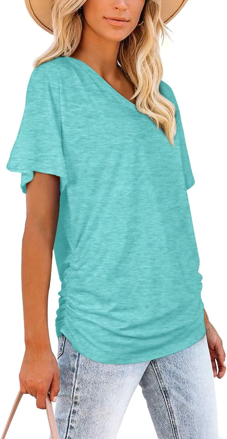 WIHOLL Womens Short Sleeve V Neck Dolman Tops with Side Shirring Loose Fit Shirts