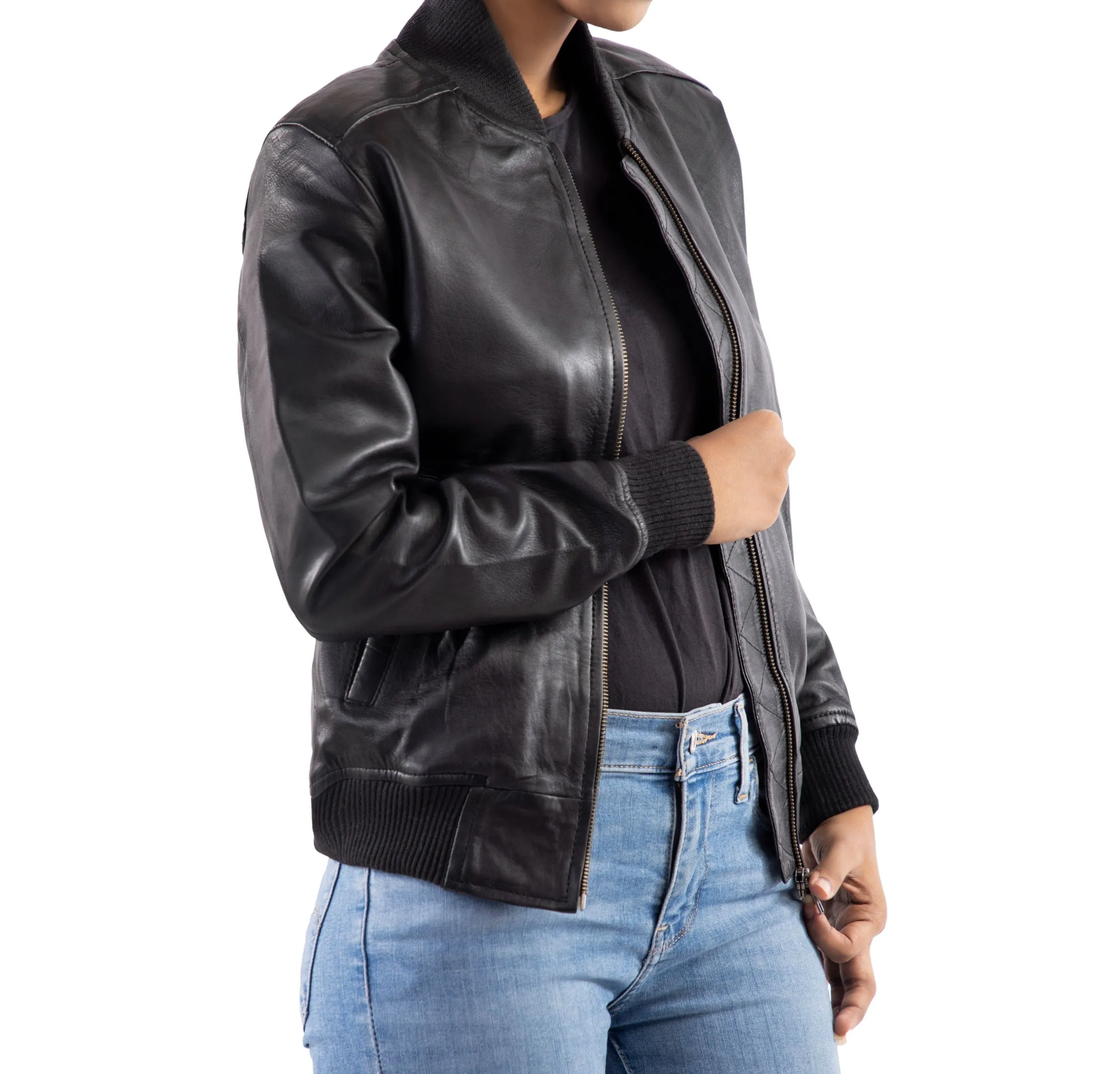 Women's Genuine Leather Classic Baseball Black Bomber Style Jacket