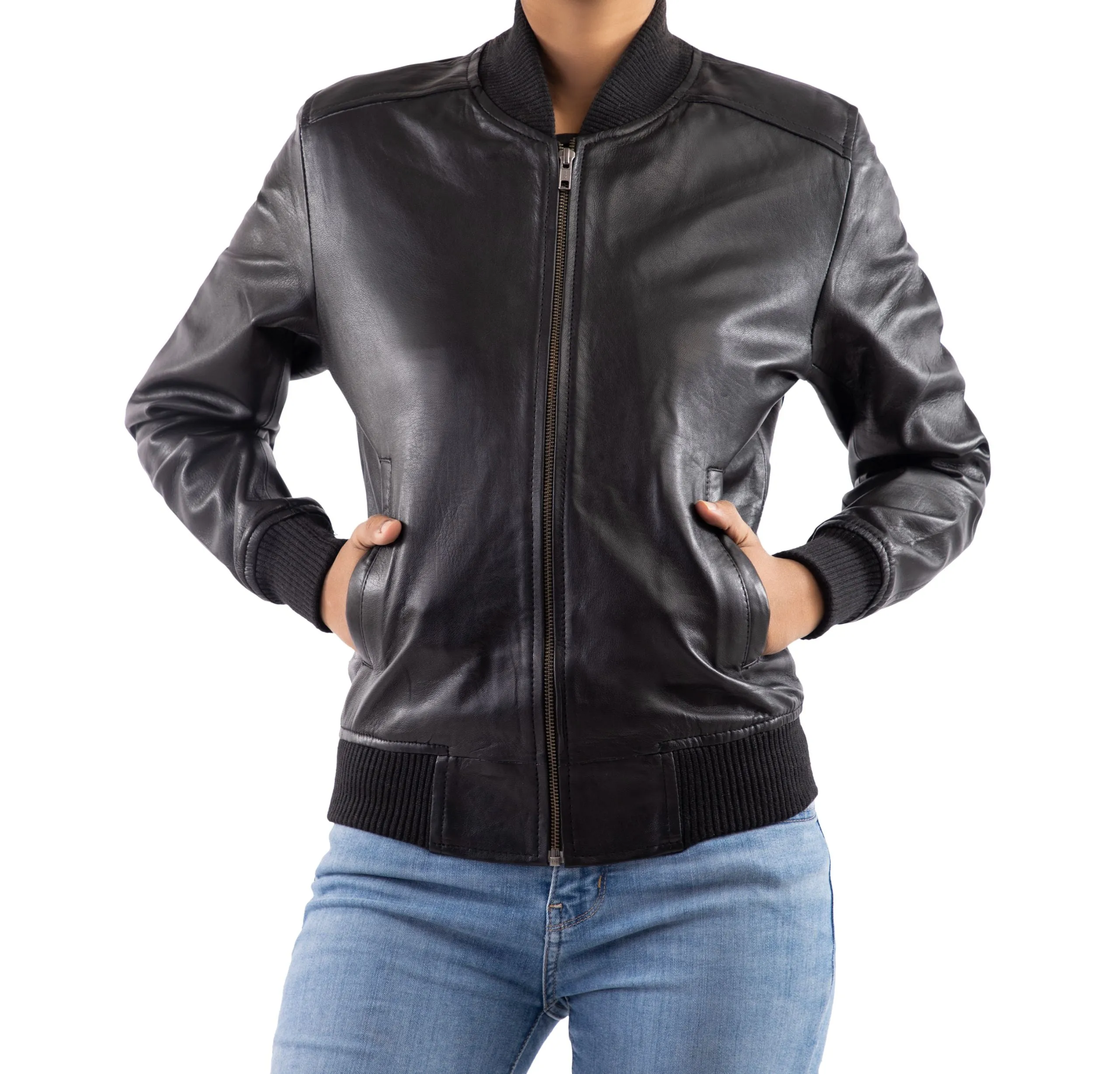 Women's Genuine Leather Classic Baseball Black Bomber Style Jacket