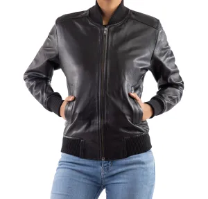 Women's Genuine Leather Classic Baseball Black Bomber Style Jacket