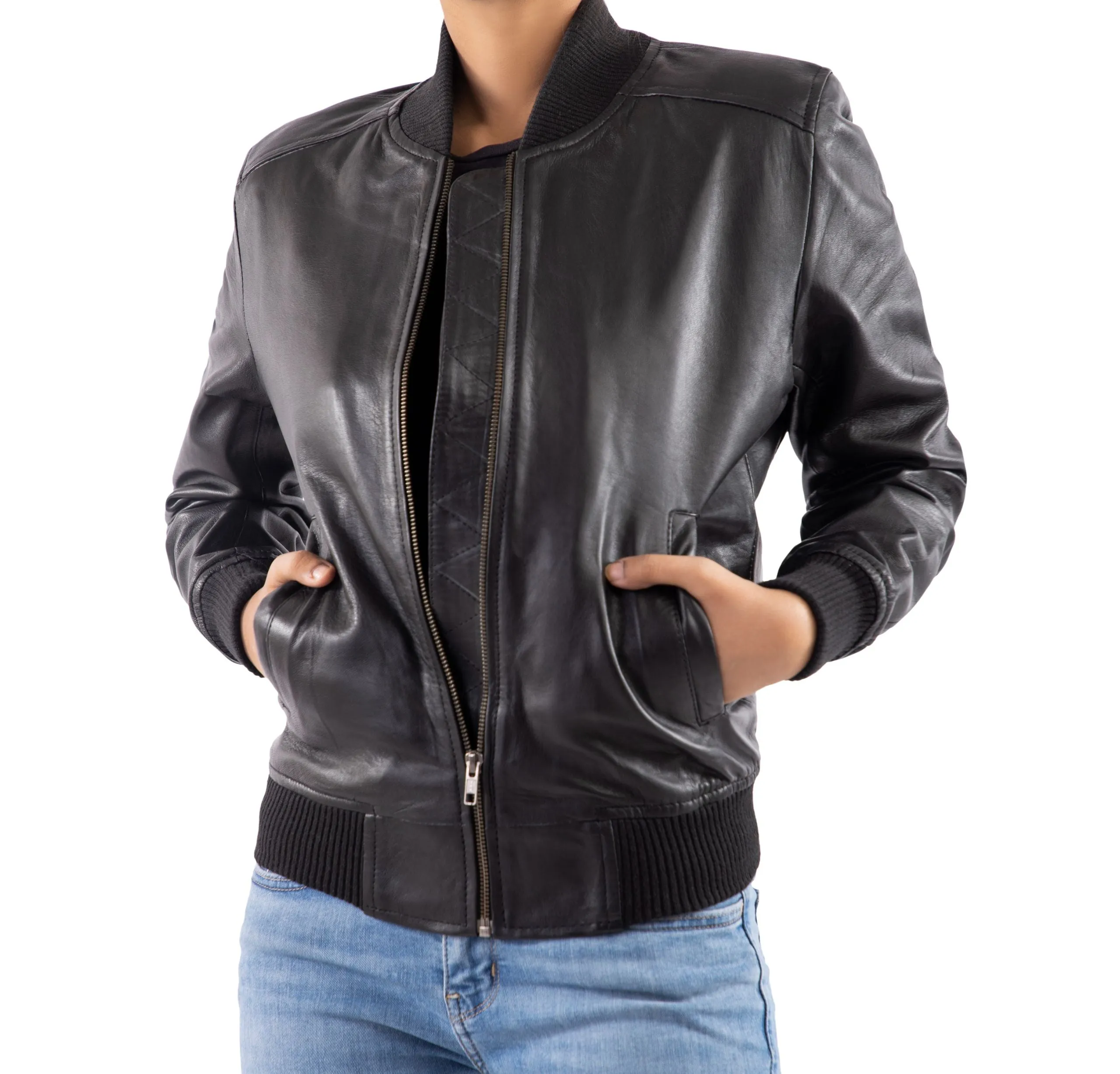 Women's Genuine Leather Classic Baseball Black Bomber Style Jacket