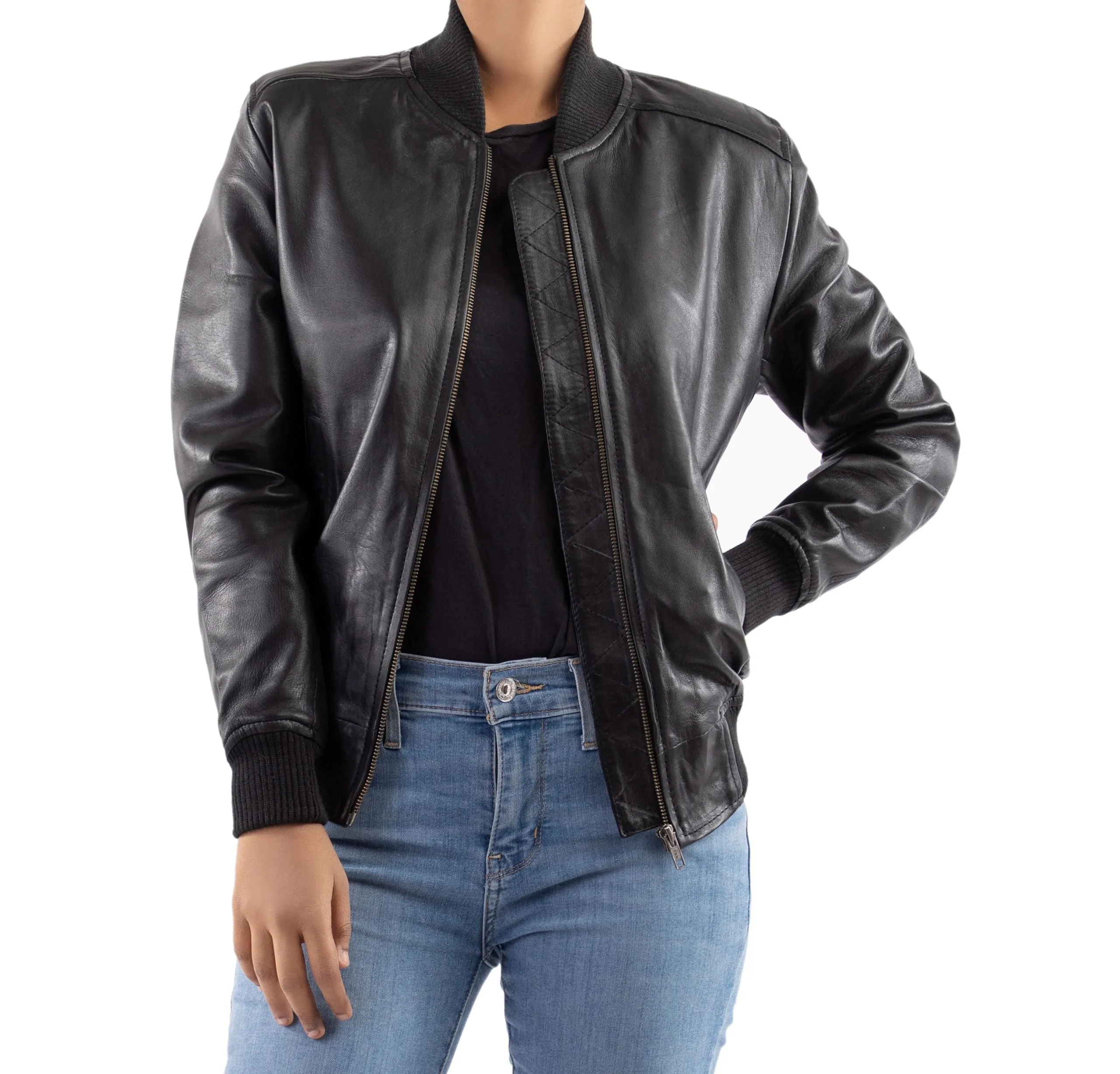 Women's Genuine Leather Classic Baseball Black Bomber Style Jacket