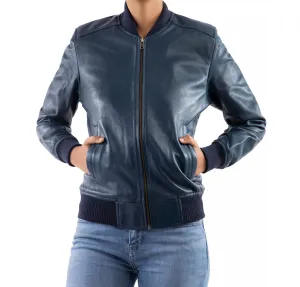 Women's Genuine Leather Classic Baseball  Blue Bomber Style Jacket