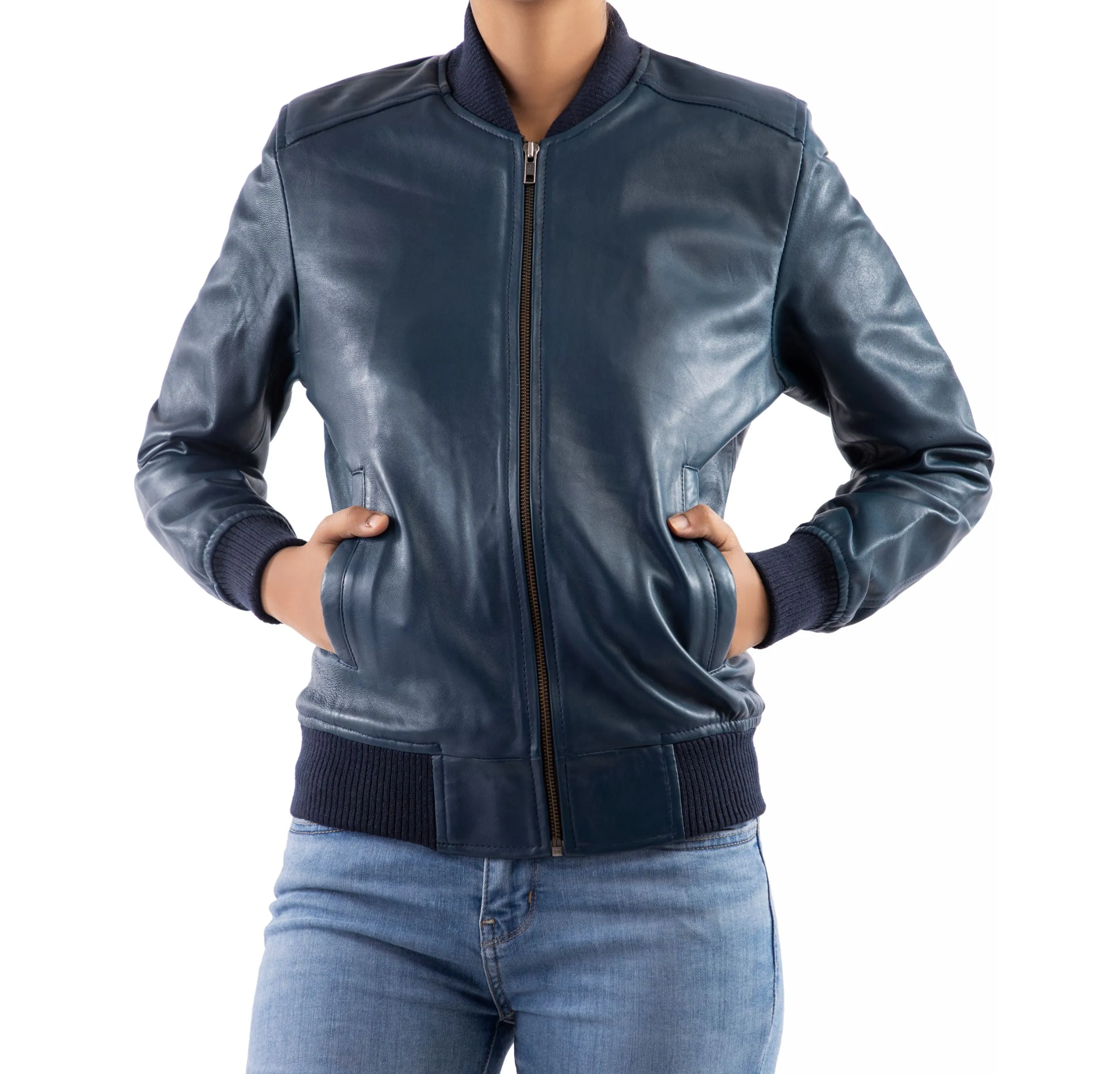 Women's Genuine Leather Classic Baseball  Blue Bomber Style Jacket