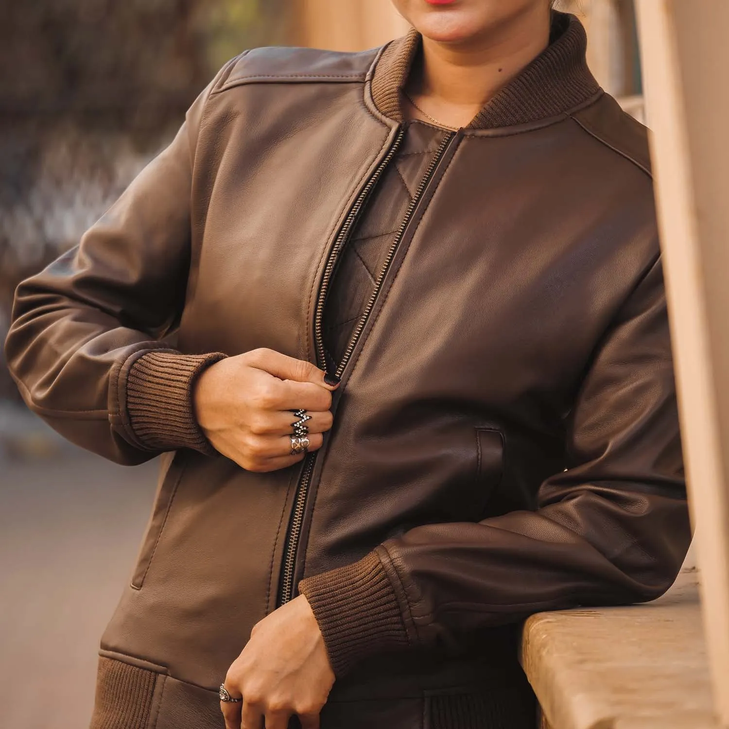 Women's Genuine Leather Classic Baseball Brown Bomber Style Jacket