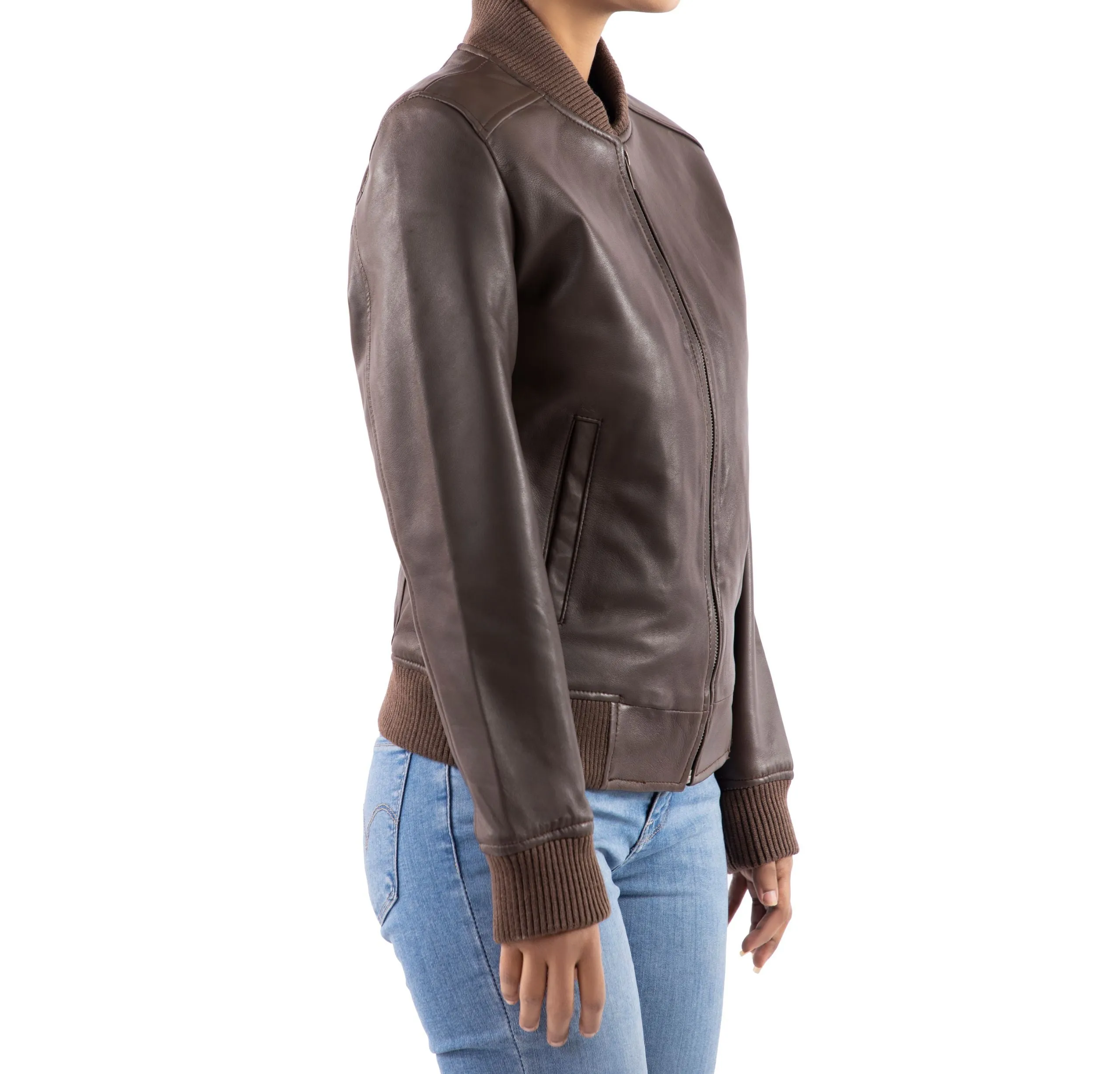 Women's Genuine Leather Classic Baseball Brown Bomber Style Jacket