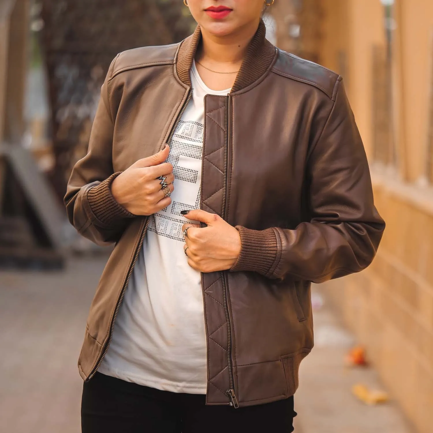 Women's Genuine Leather Classic Baseball Brown Bomber Style Jacket