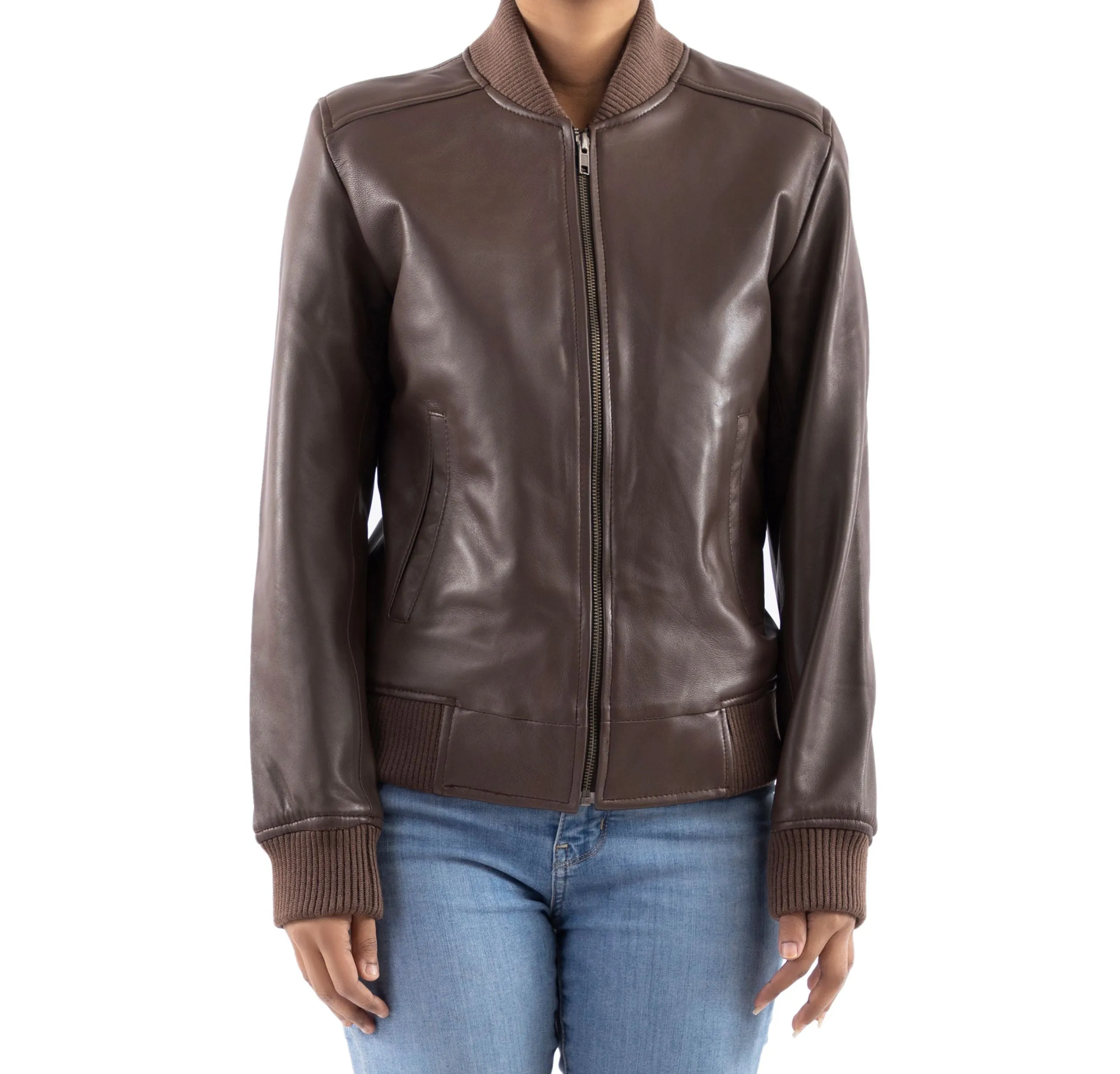 Women's Genuine Leather Classic Baseball Brown Bomber Style Jacket