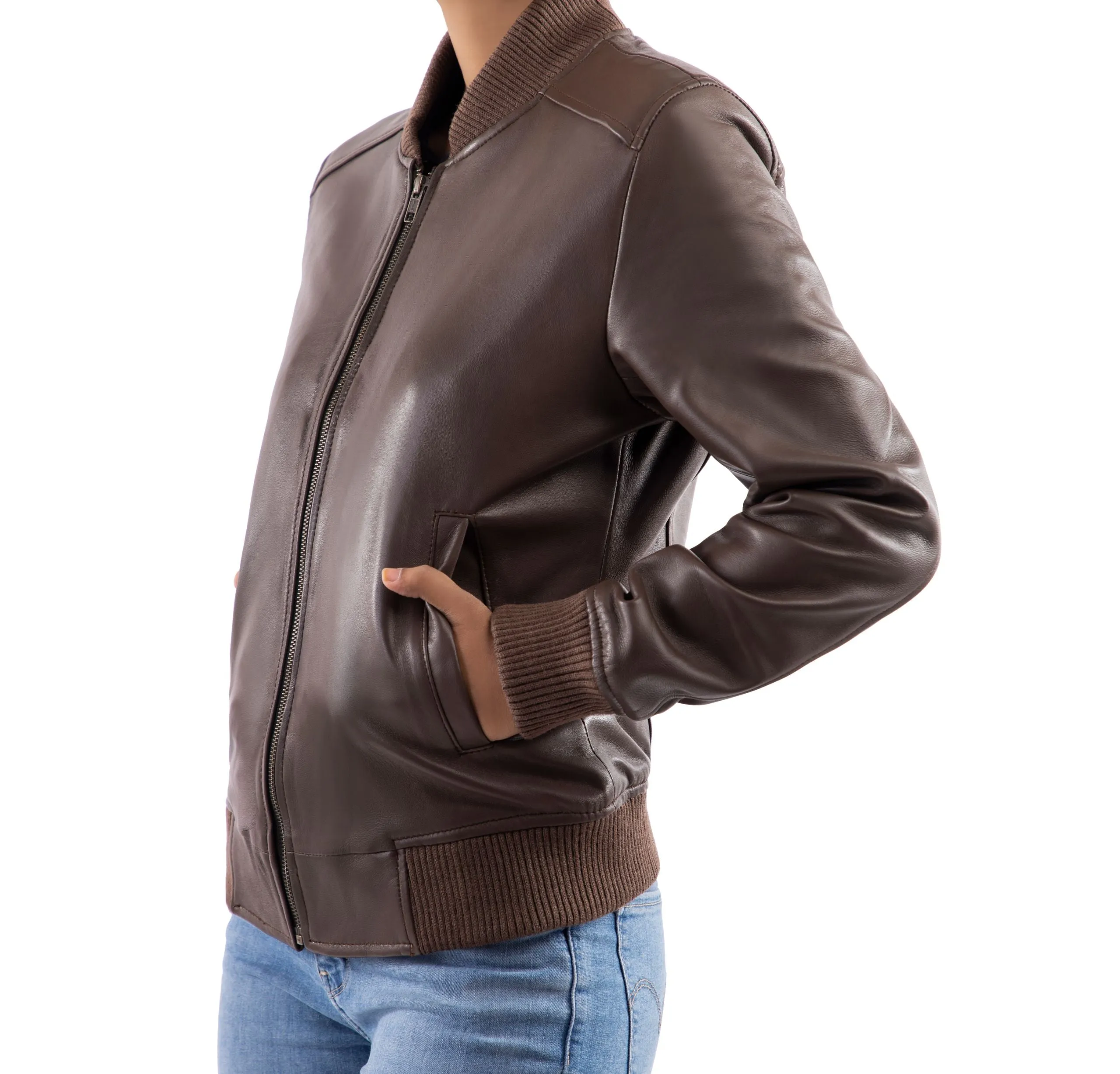 Women's Genuine Leather Classic Baseball Brown Bomber Style Jacket