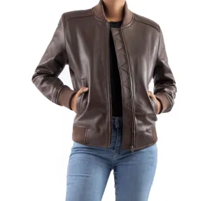 Women's Genuine Leather Classic Baseball Brown Bomber Style Jacket