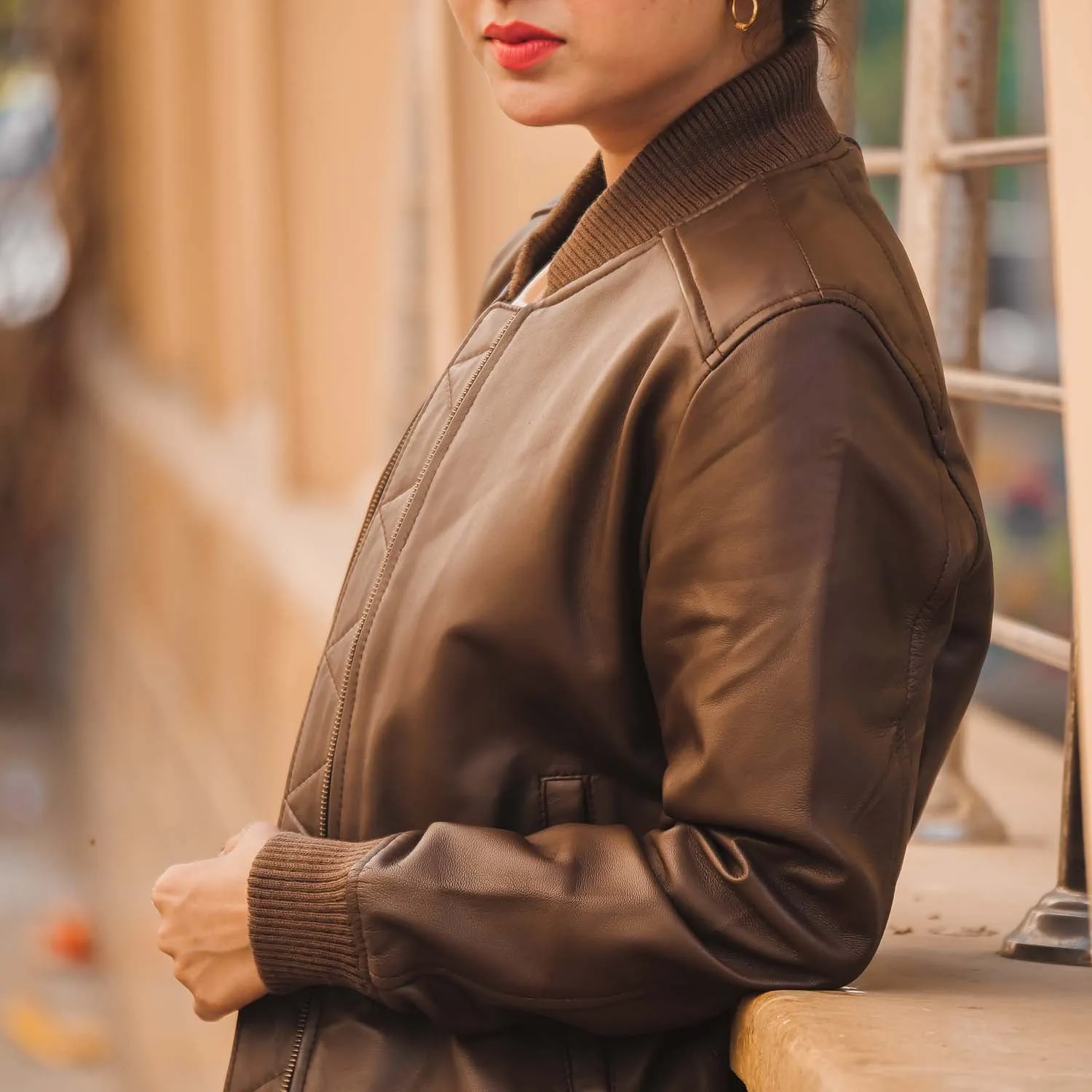 Women's Genuine Leather Classic Baseball Brown Bomber Style Jacket
